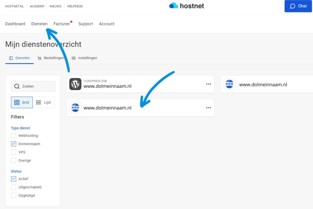 selecteer domeinnaam bij mijn hostnet