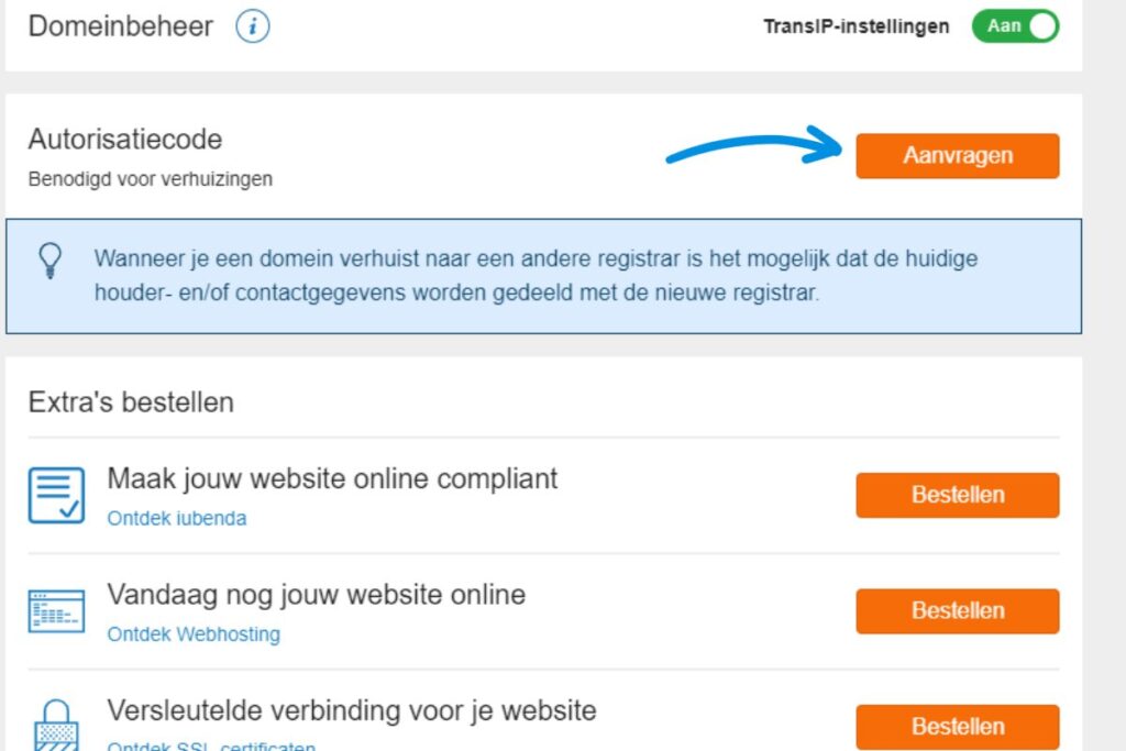 transip autorisatiecode aanvragen