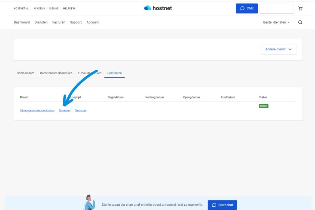 hostnet opzeggen knop