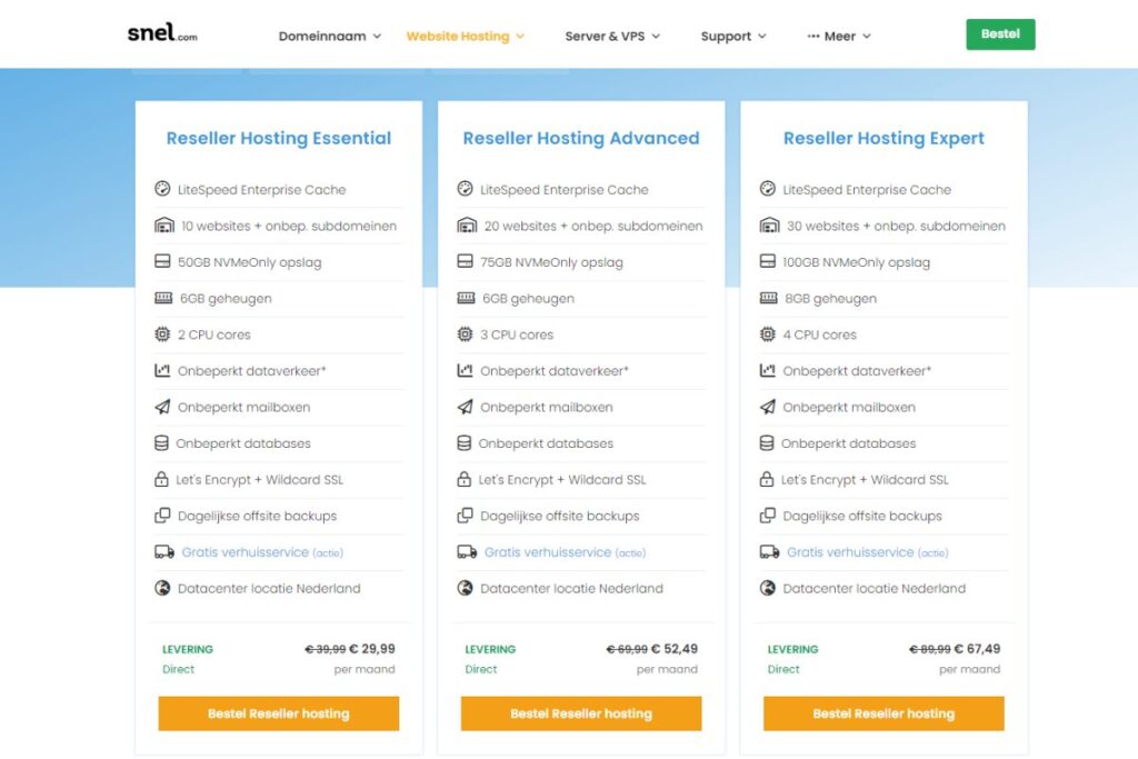 reseller hosting pakketten bij snel.com