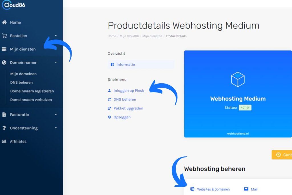 cloud86 inloggen op plesk
