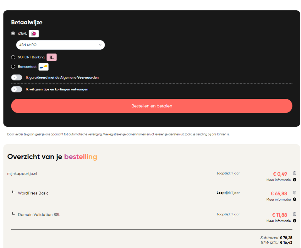 Betalen maar, bij Yourhosting alleen via iDeal